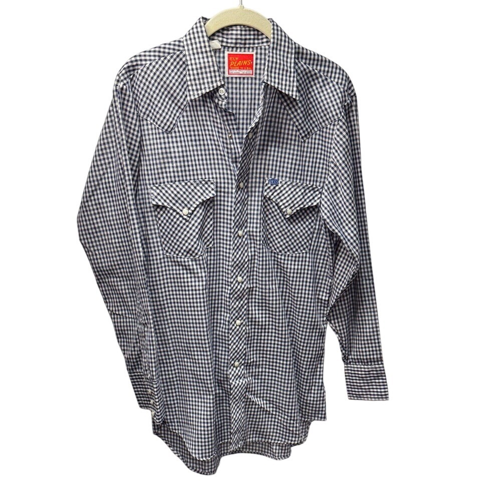 Ely Plains Vintage Mens Western Shirt Navy Blue White Gingham‎ Pearl Snap 15-32